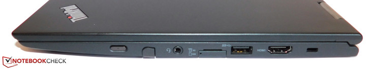 rechts: Power Button, Stifteinschub, 3,5-mm-Audio-Kombo, SIM-Einschub, Micro-SD-Kartenleser, USB 3.0, HDMI, Kensington Lock