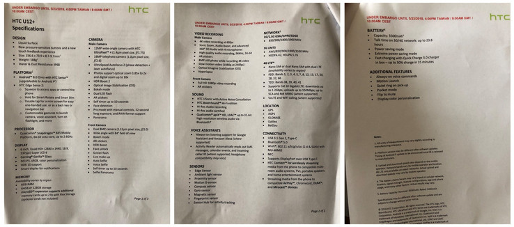 Das abfotografierte Specsheet verrät alle Details zum HTC U12+.