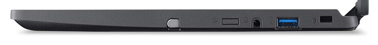 Rechte Seite: Eingabestift, Einschaltknopf, Audiokombo, USB 3.2 Gen 1 (Typ A), Steckplatz für ein Kabelschloss