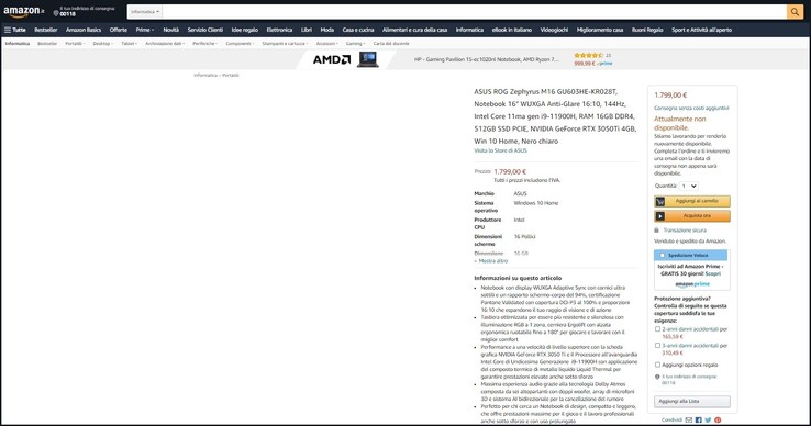Amazon Italien listet bereits die mutmaßlichen Spezifikationen vom Asus ROG Zephyrus M16. (Bild: Amazon)