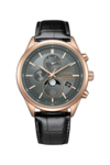 Citizen BY1033-01H Eco-Drive-Mondphasenuhr mit anthrazitgrauem Zifferblatt, roségoldfarbenem Edelstahlgehäuse, schwarzem Lederarmband, analoger Mondphasenanzeige, zwei Hilfszifferblättern und Datumsanzeige