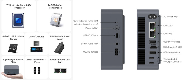 Die wichtigsten Merkmale und Ports des EQi Intel Wildcat Lake Mini-PCs.