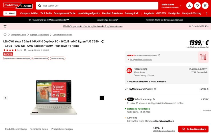 Das Lenovo Yoga 7 2-in-1 16AKP10 (83JU000PGE) wäre dank einer Rabattaktion bereits für einen Preis von 1.175,64 Euro zu haben.