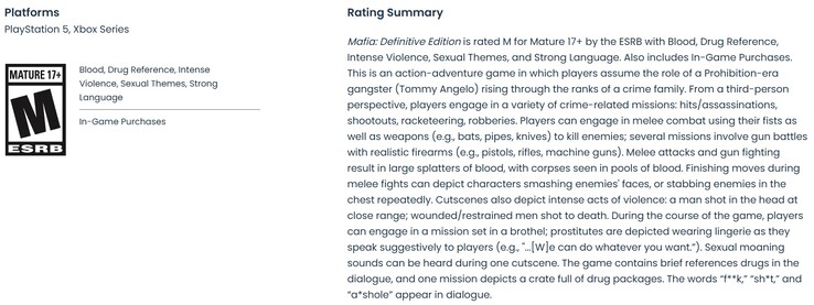 ESRB-Bewertung für Mafia: Definitive Edition auf PS5 und Xbox Series X|S