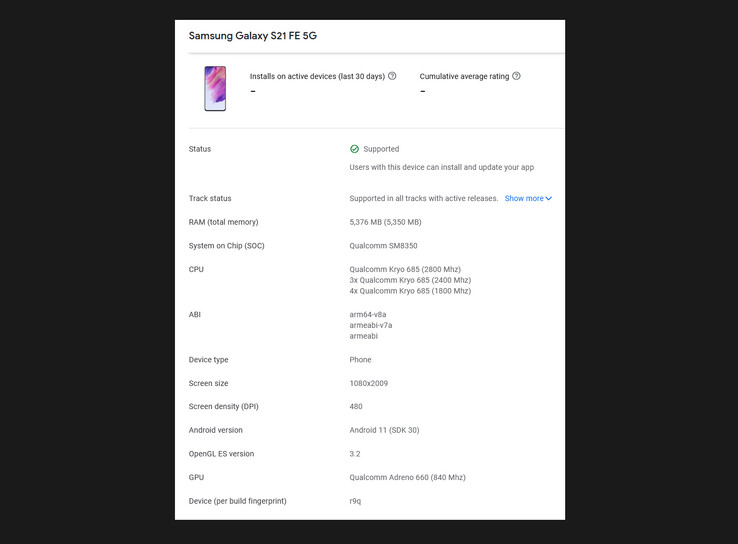 Das Samsung Galaxy S21 Fan Edition wird bereits in der Google Play Console gelistet. (Screenshot: Google Play Console, via MyFixGuide)