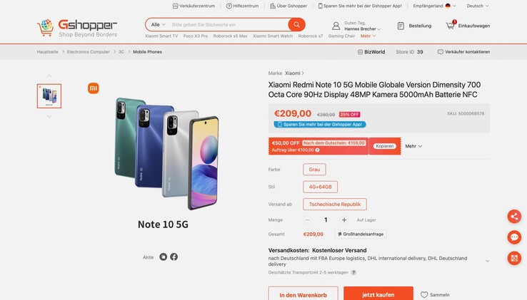 Das Redmi Note 10 gibts aktuell bei Gshopper zum Bestpreis. (Screenshot: Gshopper)