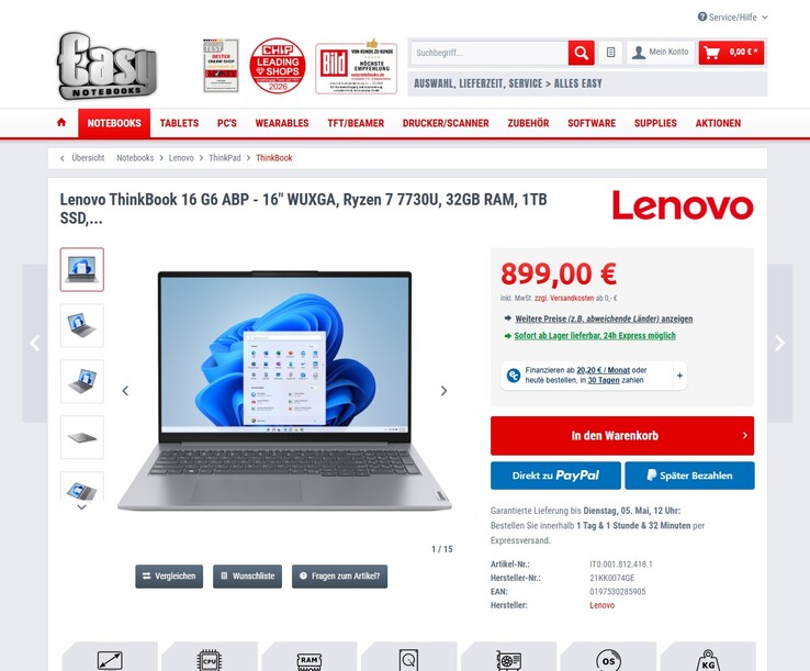 Lenovo ThinkBook 16 G6 ABP 21KK0074GE für 899 Euro.