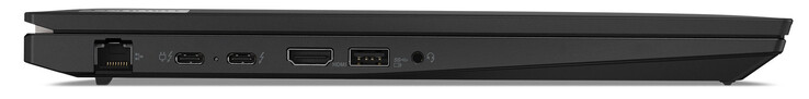 Linke Seite: Gigabit-Ethernet, 2x Thunderbolt 4/USB 4 (USB-C; Power Delivery, Displayport), HDMI 2.1, USB 3.2 Gen 1 (USB-A), Audiokombo
