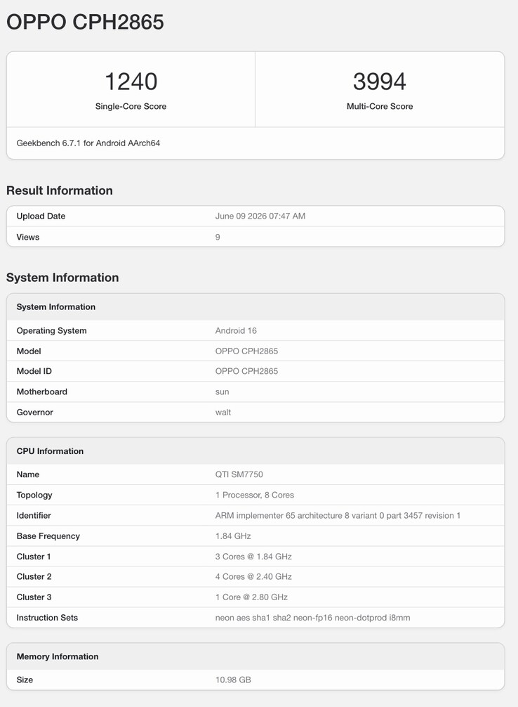 Geekbench-Eintrag zum angeblichen globalen Oppo Reno 16