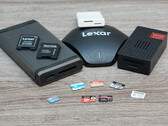 Das Testfeld: Zwei MicroSD-Express-Karten gegen drei UHS-Karten. Die Sony Tough fehlt, da mit ihr geschossen wurde. Außen: Zwei ebenfalls vergleichsweise neue Speicherkartenformate, die sich nicht durchsetzen konnten. (Bildquelle: Andreas Sebayang/Notebo