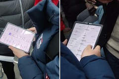 In der U-Bahn in China fotografiert: Ein offensichtlich von Xiaomi stammendes Foldable Tablet mit dicker fetter Falte in der Mitte.