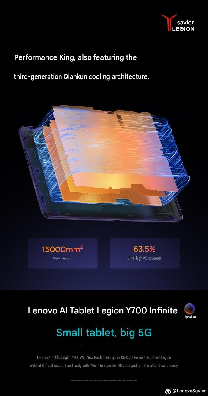 Offizielles Renderbild von Lenovo zum Kühlsystem im Legion Y700 Infinite, dessen 15.000 mm² große Vapor Chamber 63,5% des kompakten Gaming-Tablets abdeckt