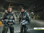 Zwei „Starfield“-Charaktere in einer futuristischen Anlage mit aktiviertem Nvidia DLSS 5