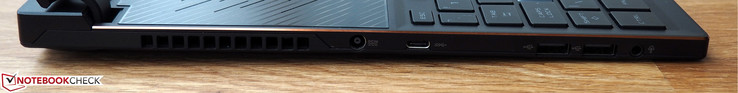Linke Seite: DC-in, USB-C 3.0, 2x USB-A 2.0, 3,5-mm-Klinke
