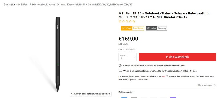 Der MSI Pen 1P 14 für schlappe 169 Euro extra (Screenshot MSI Webseite)