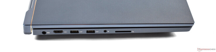 Links: Ladeanschluss, HDMI, 2x USB A 3.0, 3,5-mm-Audio, SD-Kartenleser