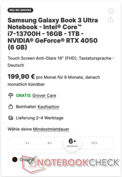 Bei Grover kostet das Gerät für 6 Monate 199,90 Euro und für 12 Monate 169,90 Euro pro Monat (Bild: Screenshot, Grover)