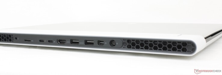 Rückseite: 3,5 mm headset; 1x USB-C mit Thunderbolt 4, USB4, PD und DisplayPort 1.4; 1x USB-C 3.2 Gen 2 mit PD und DisplayPort 1.4; HDMI 2.1; 2x USB-A 3.2 Gen. 1; Mini DisplayPort 1.4; Hohlbuchse Spannungsversorgung