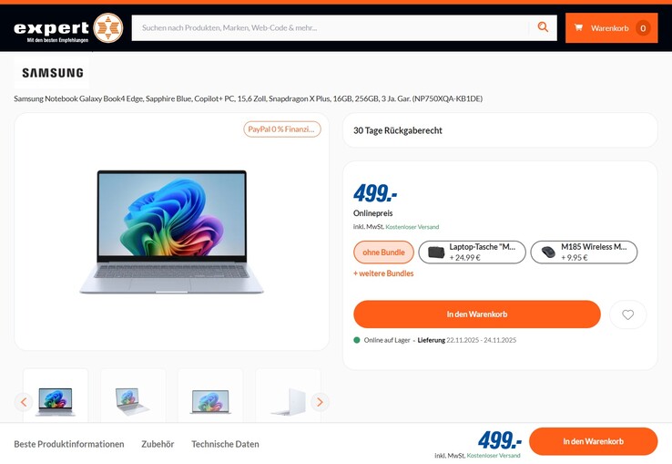 Samsung Galaxy Book4 Edge im Angebot für 499 Euro.