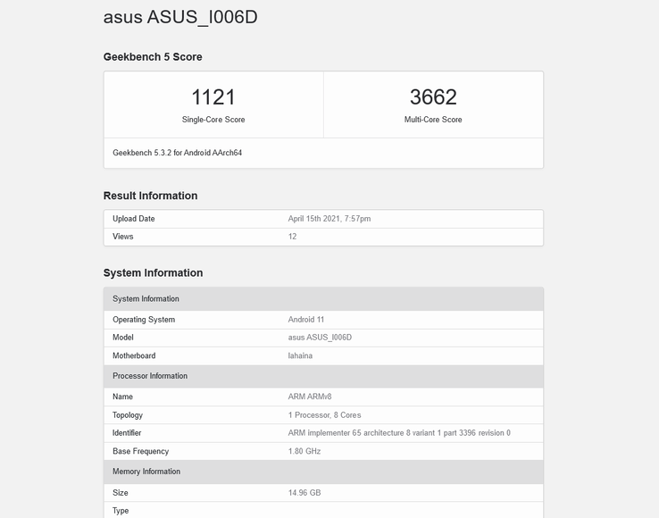 Das Asus ZenFone 8 Mini wird laut Geekbench wahlweise mit 8 GB, 12 GB oder 16 GB RAM erhältlich sein. (Bild: Geekbench)