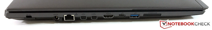 links: Kensington Lock, Netzteil, RJ45-LAN, 2x Mini-DisplayPort 1.2, HDMI, USB Typ-C (Gen1), USB 3.0, SD-Kartenleser