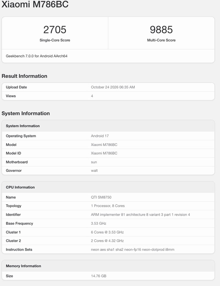 Geekbench Eintrag zum Xiaomi Redmi K100