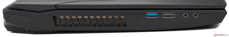Linke Seite: Lüftungsgitter, USB 3.1 Gen2, USB 2.0, Audio in (Mikro), Audio out (Kopfhörer)