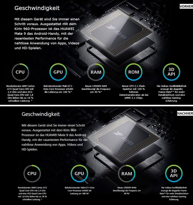 Huawei hat die UFS 2.1-Spezifikation nachträglich von der Mate 9-Performance-Webseite entfernt.