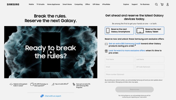 Samsung gibt seinen Fans in den USA einen 50 US-Dollar Gutschein, wenn sie das Galaxy S22 oder das Galaxy Tab S8 schon jetzt reservieren. (Screenshot: Samsung)