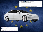 Tesla-Auto mit EU-Flagge und X-Kommentaren im Hintergrund 