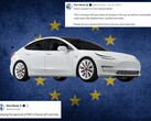 Tesla-Auto mit EU-Flagge und X-Kommentaren im Hintergrund