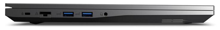 Linke Seite: Steckplatz für ein Kabelschloss, Gigabit-Ethernet (2,5 GBit/s), 2x USB 3.2 Gen 1 (USB A), Audiokombo