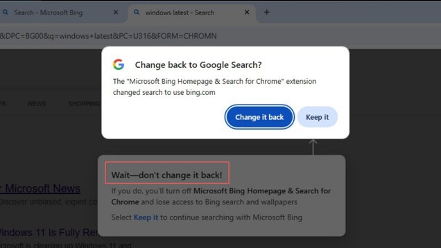 Chrome schlägt vor, wieder zu Google Search zu wechseln, während Microsofts Erweiterung Nutzer dazu auffordert, bei Bing zu bleiben.