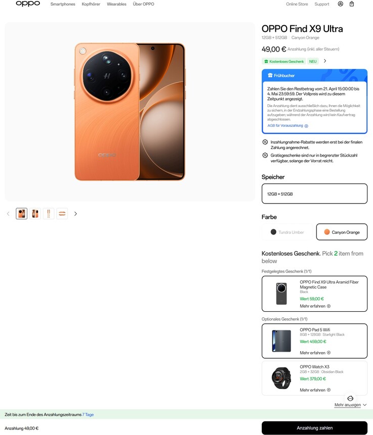 Das Oppo Find X9 Ultra kann man in Canyon Orange oder Tundra Umbra reservieren.