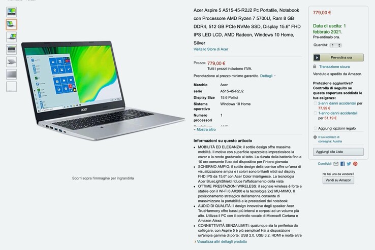 Amazon Italien spricht eindeutig von einem Acer Aspire 5 mit einem AMD Ryzen 7 5700U. (Bild: Amazon)