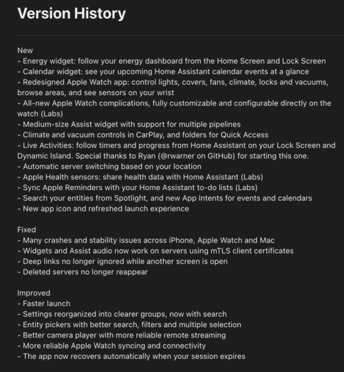 Screenshot der Release Notes von Home Assistant App Version 2026.9.0.