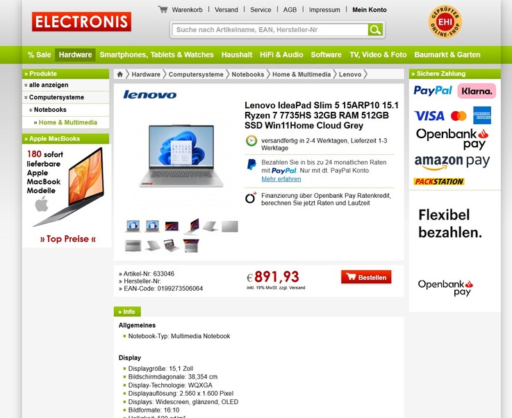 Lenovo IdeaPad Slim 5 15ARP10 83J3006GGE für 891,93 Euro.