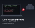 Laptop mit Terminal, in dem ausgehende Verbindungen von Ollama und curl blockiert sind, daneben eine durchgestrichene Cloud