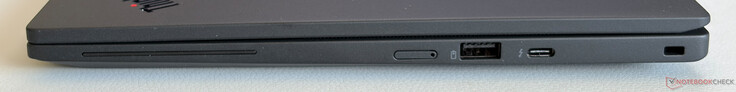 Rechte Seite: Nano-SIM-Kartensteckplatz, USB-A 3.2 Gen. 2 (5 Gbit/s, mit Stromversorgung), USB-C 4.0 mit Thunderbolt 4 (40 Gbit/s, DisplayPort 2.1, Power Delivery), Kensington-Nano-Sicherheitssteckplatz