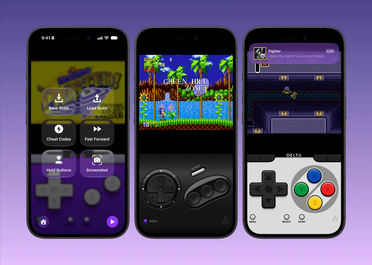 Delta 2.0 mit verschiedenen Controller Skins. (Im Bild: mehrere Smartphone-Mockups mit Delta 2.0)