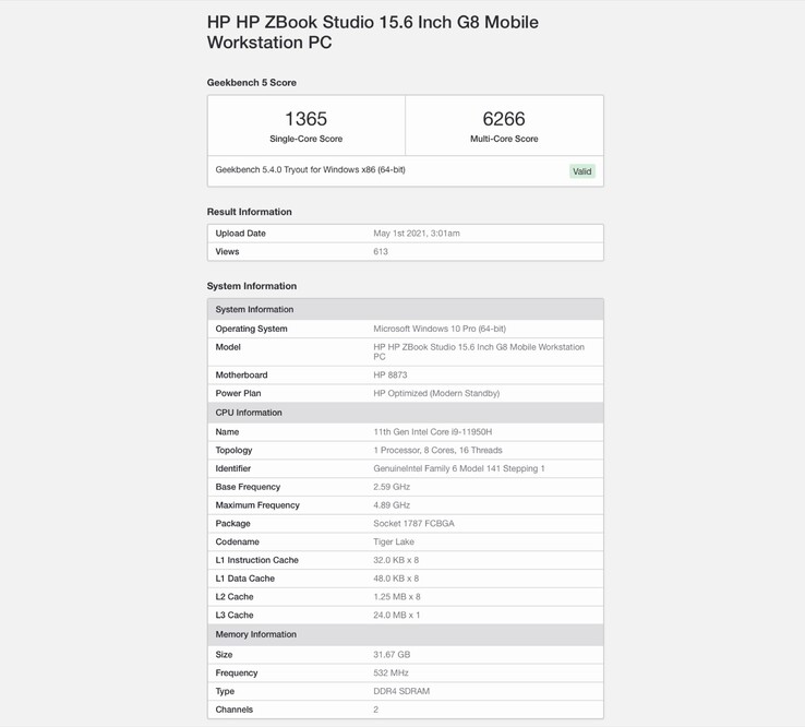 Das HP ZBook Studio G8 erreicht mit dem Core i9-11950H eine passable Performance. (Bild: Geekbench)