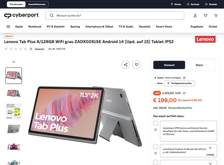Lenovo Tab Plus im Angebot (ZADX0091SE) für 199 Euro.