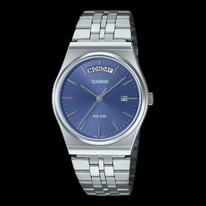 Casio MTP-B146D-2AV Edelstahl-Armbanduhr mit hellblauem Sonnenschliff-Zifferblatt, silberfarbenem Edelstahlarmband, Wochentagsanzeige bei 12 Uhr und Datumsfenster bei 3 Uhr