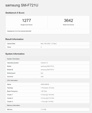 Samsung Galaxy Z Flip4 zeigt sich auf Geekbench.