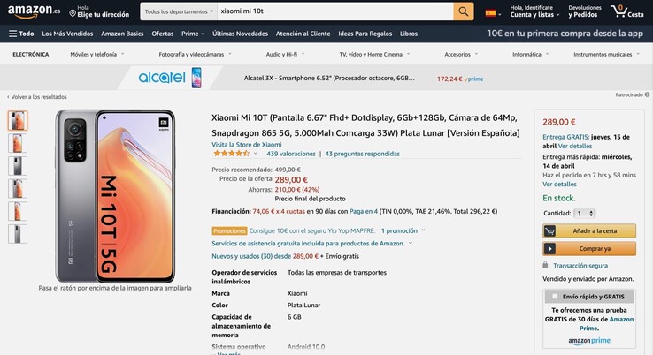 Amazon Spanien bietet das Xiaomi Mi 10T derzeit zum absoluten Bestpreis an. (Bild: Amazon Spanien)