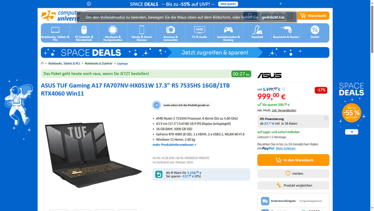 Asus TUF Gaming A17 FA707NV für 999 Euro.