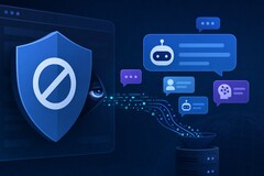 Illustration eines Ad-Blocker-Schilds, das heimlich KI-Chat-Nachrichten abgreift