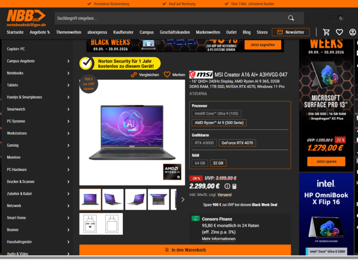 MSI Creator A16 AI+ A3HVGG-047 für 2.299 Euro.