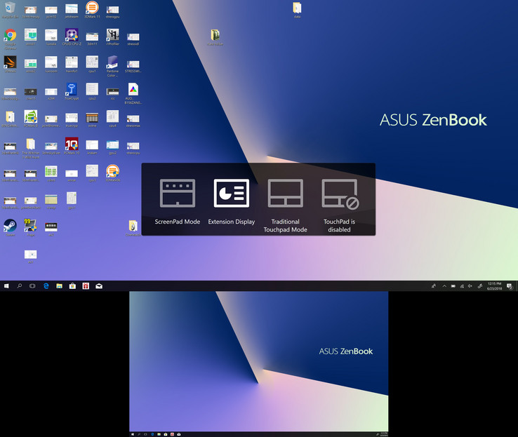 Sie können mit der F6-Taste nahtlos zwischen dem ScreenPad- und dem ExtensionDisplay-Modus wechseln. Im Bild sehen Sie die Standardeinstellungen des Dual-Screen-Modus.