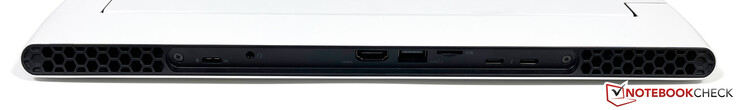 Rückseite: USB-C 3.2 Gen.2 (15W Power Delivery, DisplayPort 1.4), 3,5-mm-Audio, HDMI 2.1 (HDCP 2.3), USB-A 3.2 Gen.1, microSD (5.2 UHS-II), 2x USB-C mit Thunderbolt 4 (15W Power Delivery, DisplayPort 1.4)